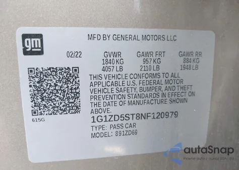 2022 Chevrolet Malibu Fwd Lt from USA, damaged, VIN 1G1ZD5ST8NF120979